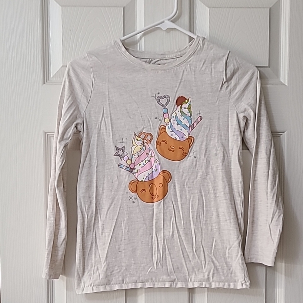 Kids Cream Long Sleeve Shirt with Bear/cat and Unicorn Print